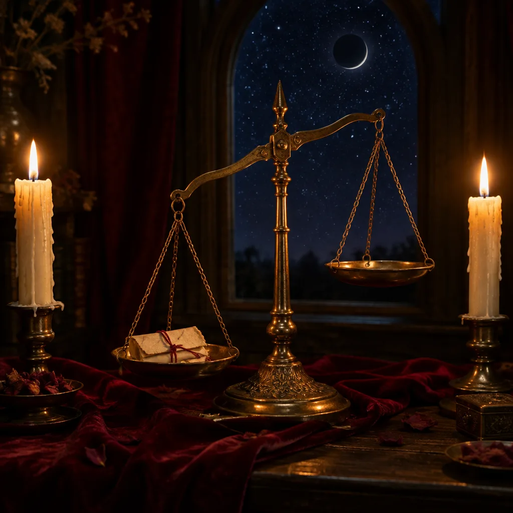 Golden Libra scales on a candlelit altar, one pan weighed down by two names tied with red thread, the New Moon in the window